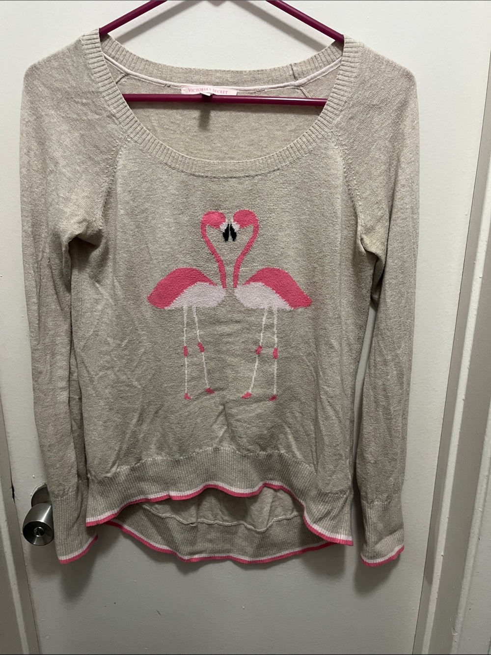 Victoria's Secret Beige Crewneck Sweater with Pink Flamingo Graphic